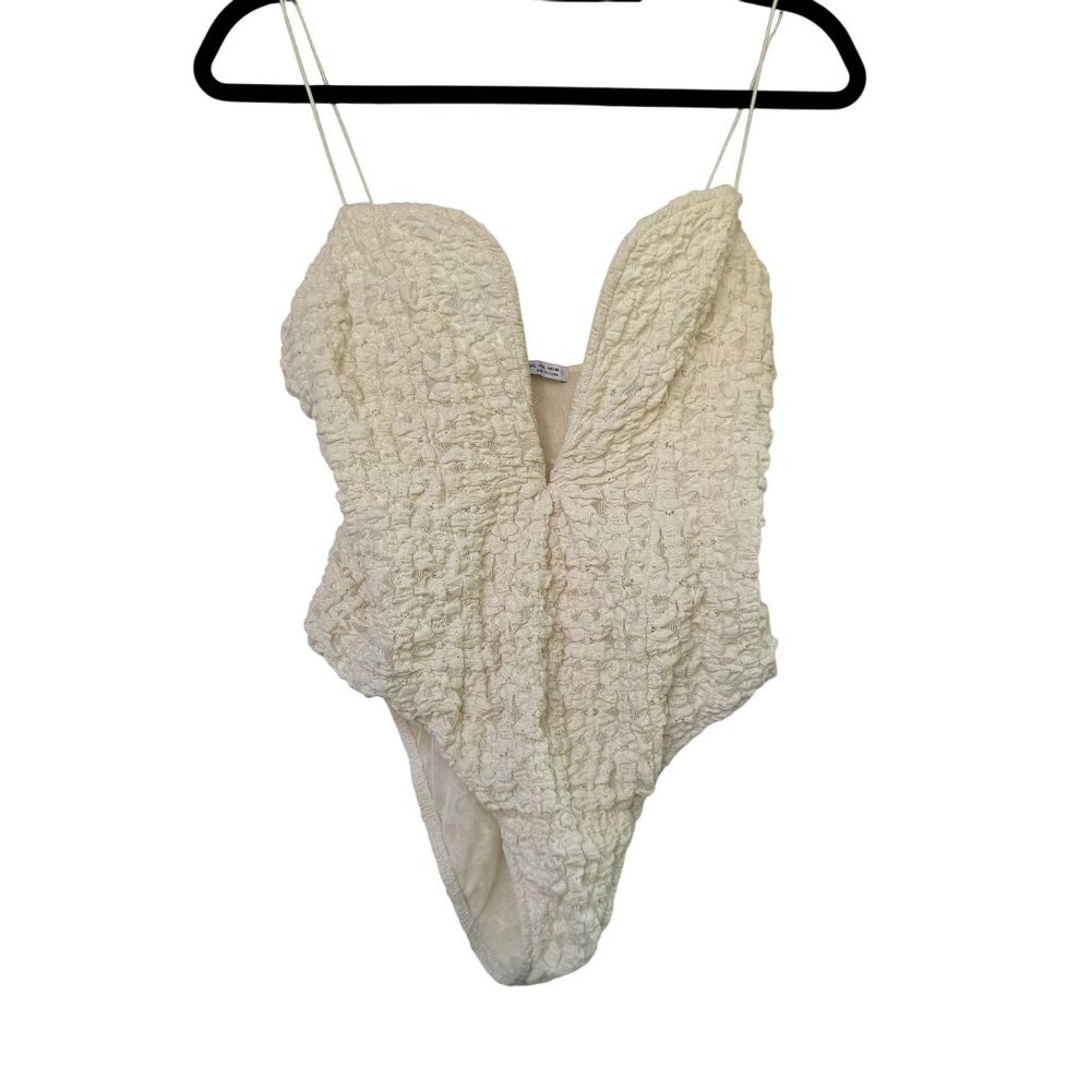 Zara Women’s Cream/Ivory Textured Lace Plunge V-Neck Bodysuit Size L - Picture 1 of 9